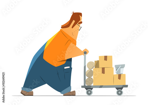 Man shopping in hardware store moving a cart buying goods.