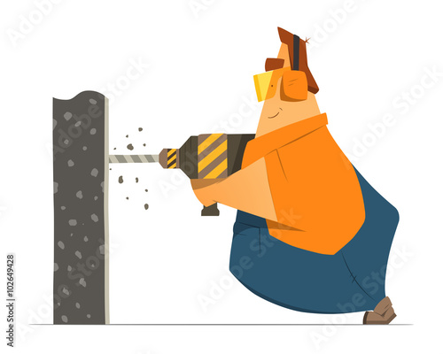 Fat man  repairman worker builder drilling a wall using perforat