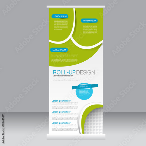 Roll up banner stand template. Abstract background for design, business, education, advertisement. Blue and green color. Vector illustration.