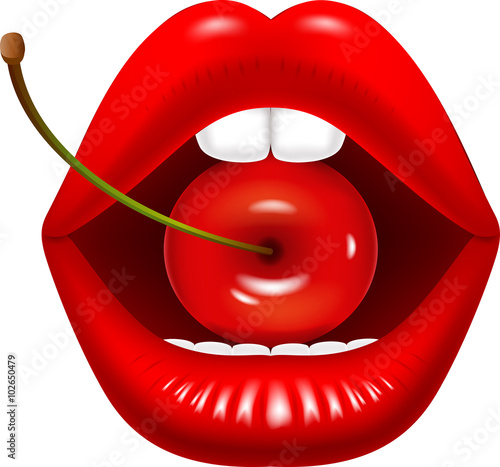 Illustration of Female mouth with red cherries
