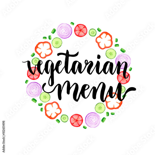 Vegetarian menu hand lettering cover on creative vegetables backdrop. Vector illustration