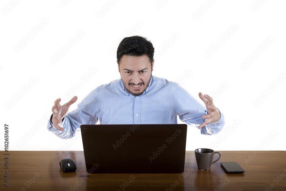 Furious Businessman Looking At Laptop Screen Isolated On White Background Furious Businessman Looking At Laptop Screen Isolated On White Background