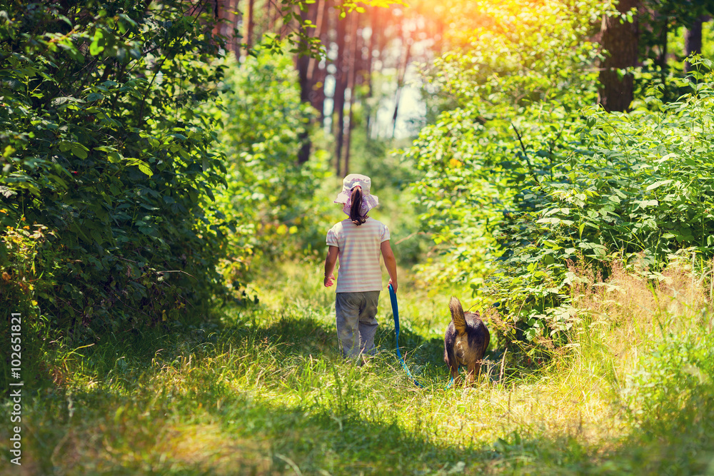 Fototapeta premium Little girl walking with dog in the forest back to camera