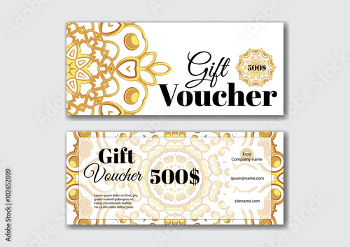 Gift voucher design templates with gold pattern.