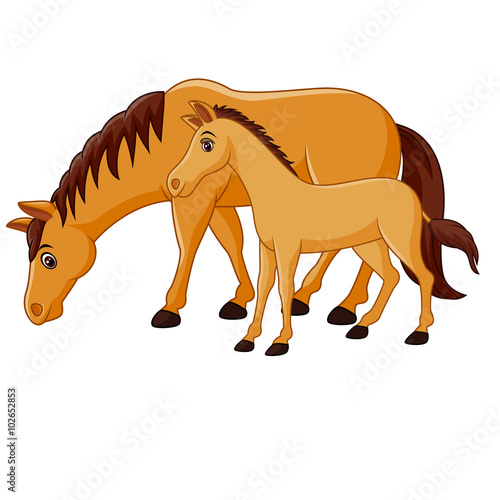 Cartoon happy brown horse with a foal