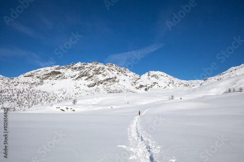 ciaspolata su altopiano innevato in Alta Valmalenco (IT)