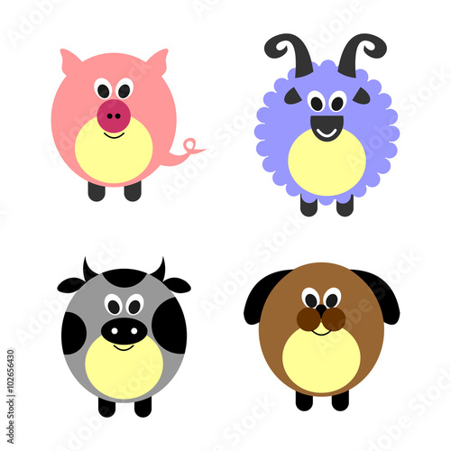 Set of vector illustrations of animals. Cute comic pig  sheep  cow and dog  isolated on the white background. Series of Animals Illustrations.