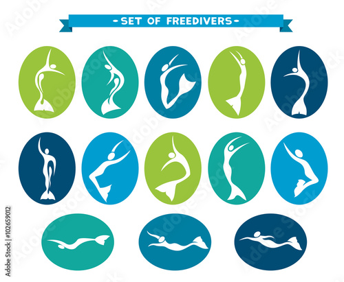 Icon set of silhouette of freedivers.