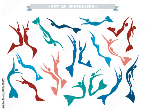 Set with silhouette of free divers. Freediving.