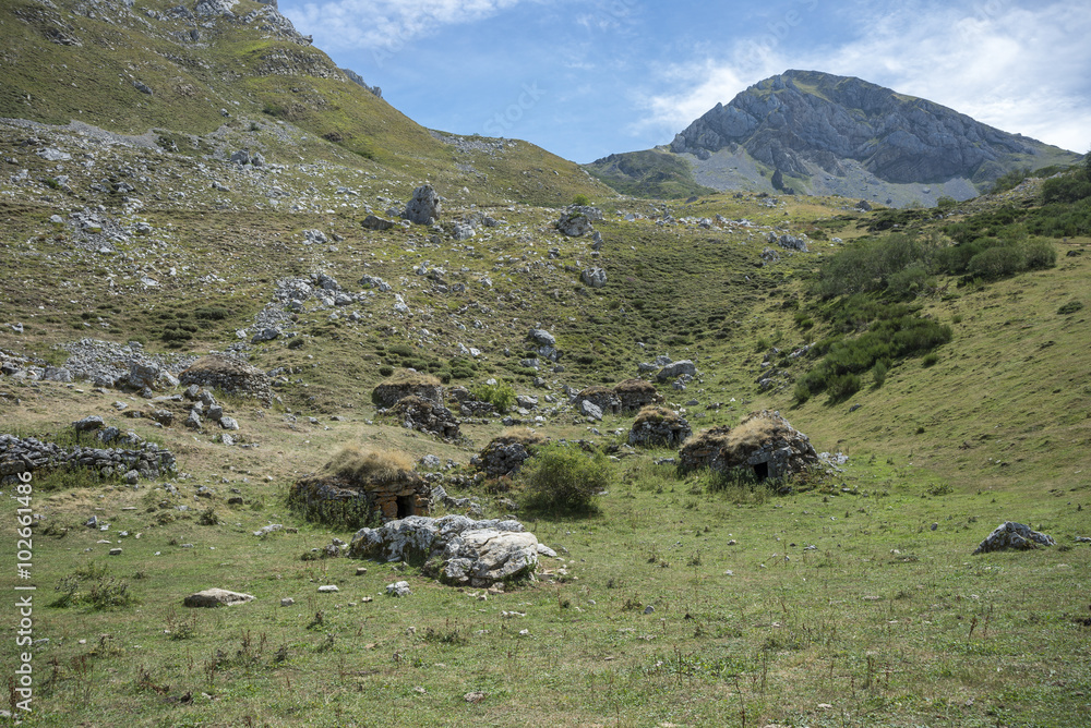 Traditional shepherd’s buildings found in Somiedo Nature Reserve, Asturias, Spain. They are cabins scattered across the mountains. Photo taken in Sousas Valley