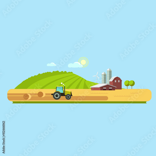 Farm life: natural economy, agriculture,  harvesting, life in the countryside, rural landscapes with fields and hills. Tractor in the field harvests. Vector flat illustration