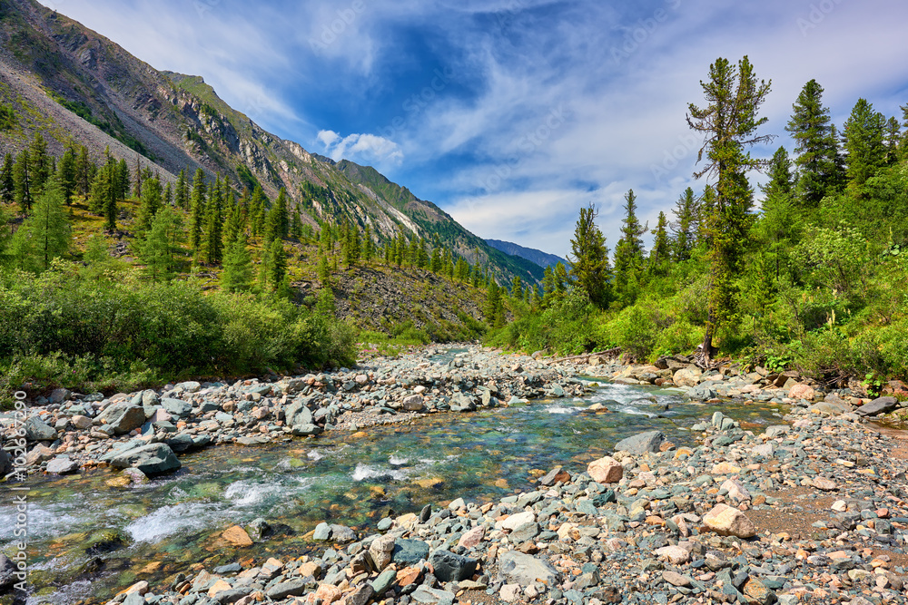 Shallow mountain river in Eastern Siberia