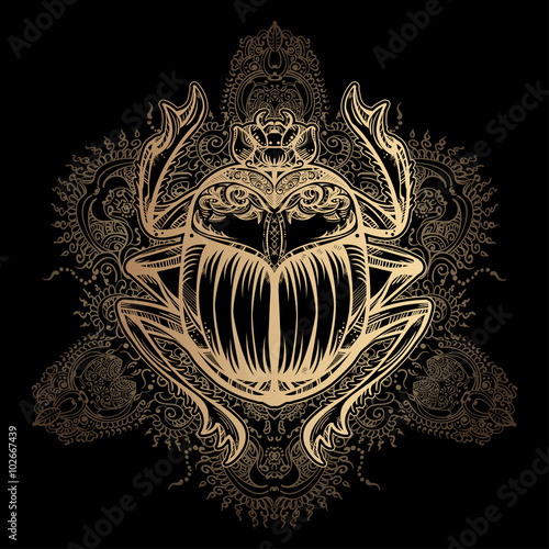 Isolated vector tattoo image golden Scarab beetleon a black background. Carabaeus sacer. The ancient spiritual symbol of Egypt, God Khepri