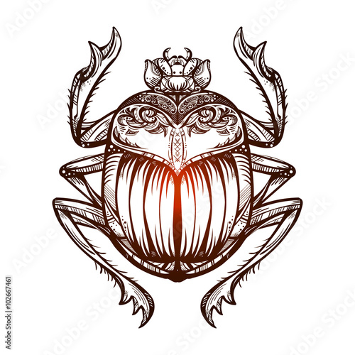 Isolated vector tattoo image golden Scarab beetleon a black background. Carabaeus sacer. The ancient spiritual symbol of Egypt, God Khepri