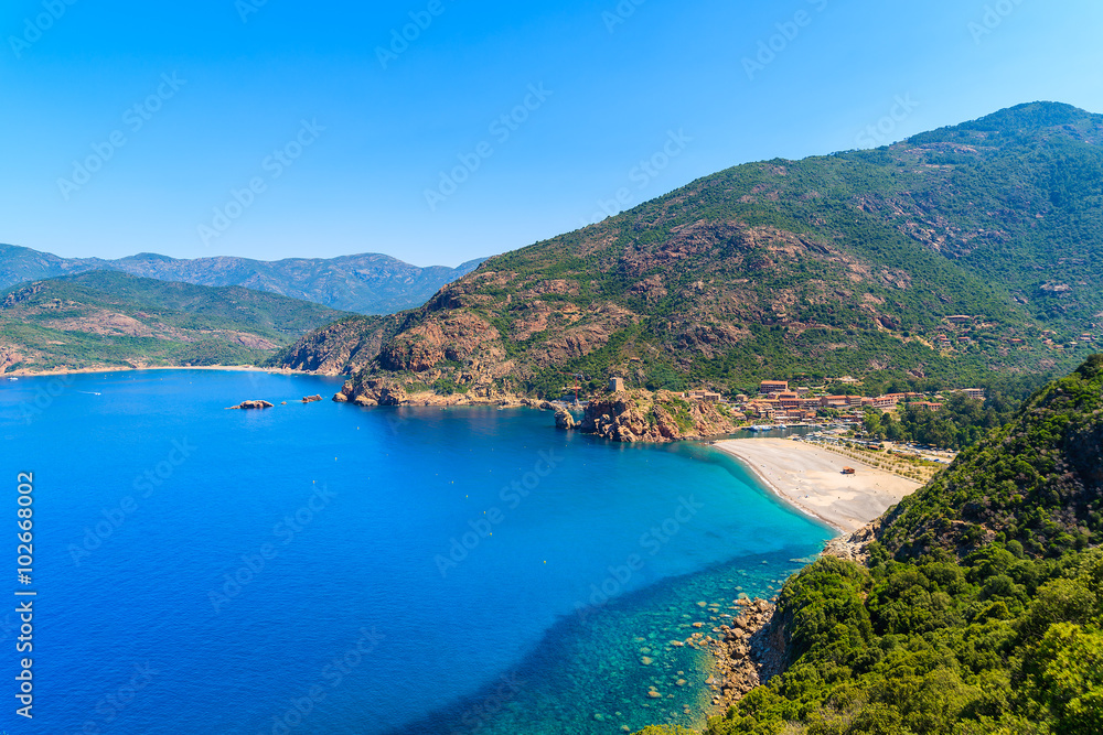 A view of Porto beach and town, Corsica island, France