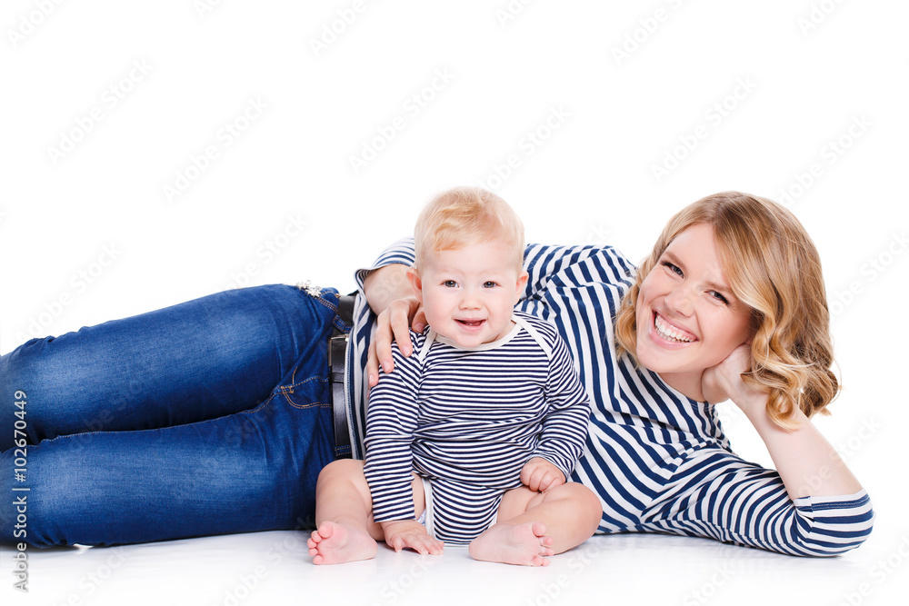 Portrait of happy mother with baby on a white background. Portrait of happy mother with baby on a white background.