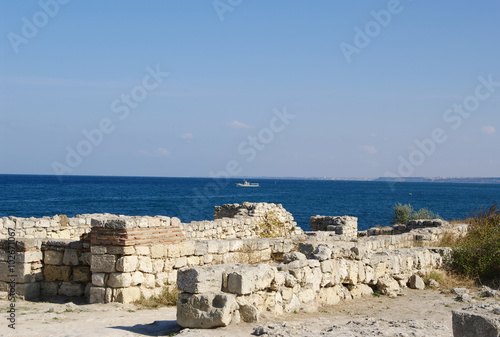 ruins of ancient city Chersonese closeup, Black sea on back plane, Sevastopol, Crimea, Russia 
