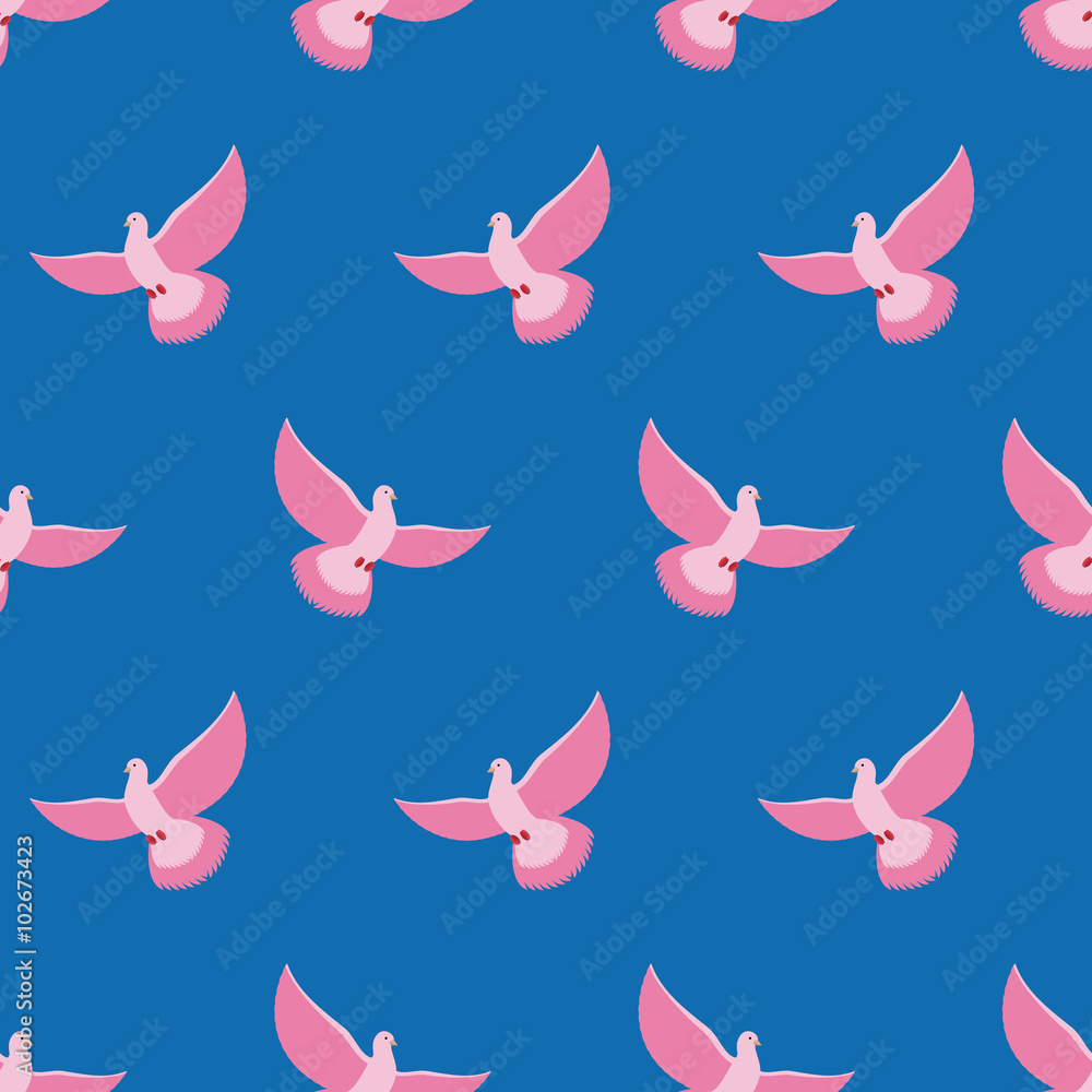 Pink Pigeon Seamless pattern. Pink bird is flying in blue sky ba Pink Pigeon Seamless pattern. Pink bird is flying in blue sky ba