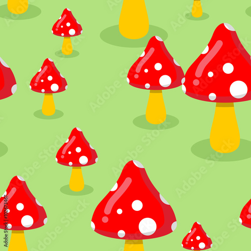 Amanita on meadow in forest seamless pattern. Red mushroom textu