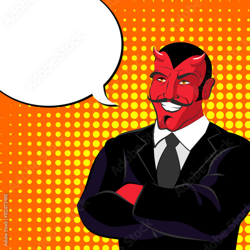 devil pop art. Red horned demonl and text bubble. Satan laughs. photo
