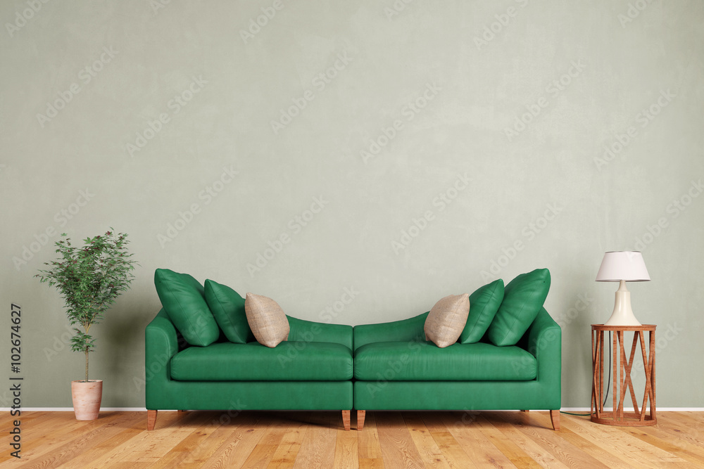 Grünes Sofa vor Wand im Wohnzimmer - obrazy, fototapety, plakaty 