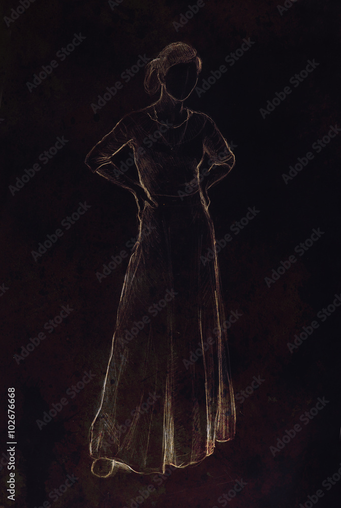 sketch of mystical woman  in beautiful ornamental dress  inspired by middle age design, with black background.