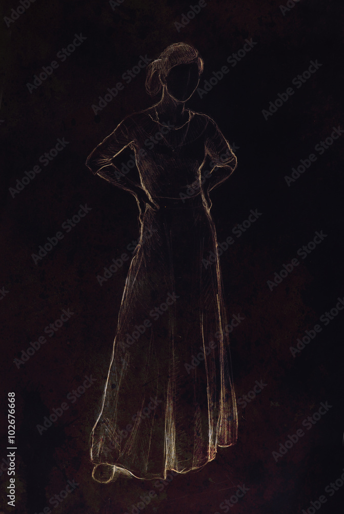 sketch of mystical woman in beautiful ornamental dress inspired by middle age design, with black background. sketch of mystical woman in beautiful ornamental dress inspired by middle age design, with black background.