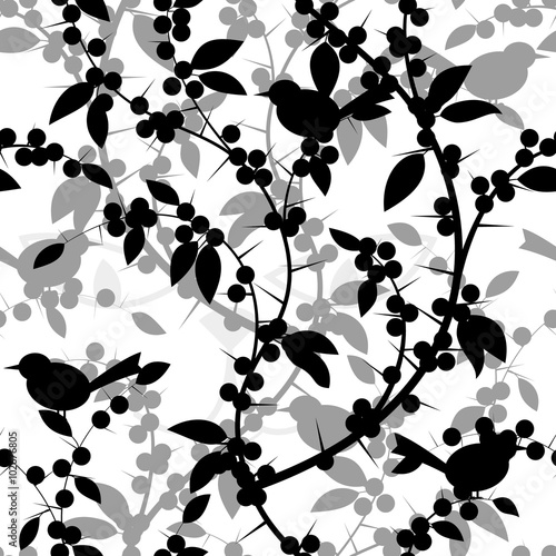 Seamless pattern of Blackthorn berries and birds