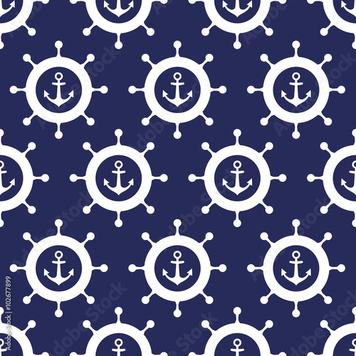 Cute nautical background. Navy vector seamless pattern: anchor and steering wheel on dark blue background.