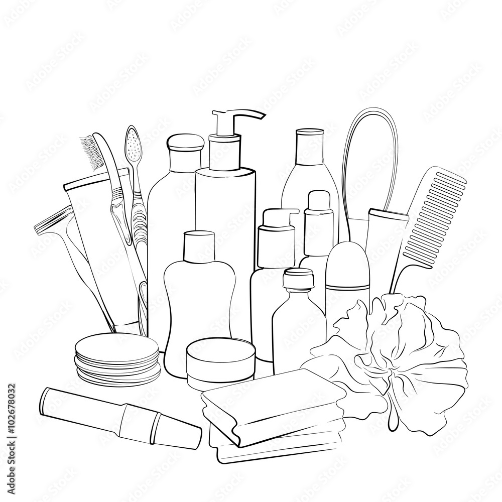 Hygiene Set. Hand Drawn Collection Of Products For Body Care. Sketch Of 