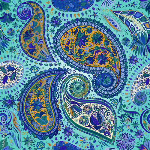 Vintage floral motif ethnic paisley seamless background. Abstract lace pattern. Ability to edit the colors, without losing seamlessly. Hand drawing colorful wallpaper. EPS-8 vector texture.
