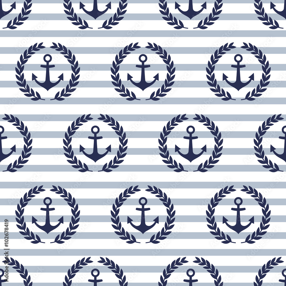 Navy vector seamless patterns with anchor and laurel wreath on striped background. Cute nautical background.