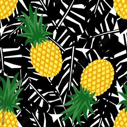 Pineapple with black tropical leaves seamless pattern. Cute vector pineapple pattern. Summer fruit illustration. Fruits with palm leaves background. Fashion jungle illustration.