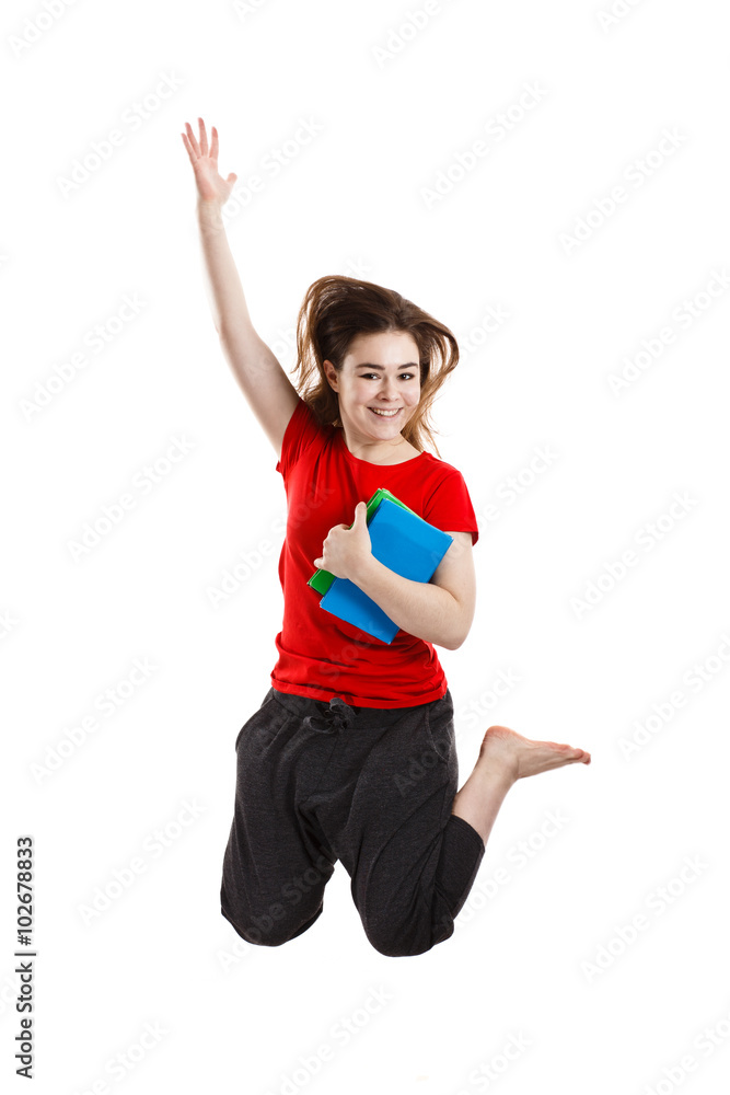 Student girl jumping on white background Student girl jumping on white background