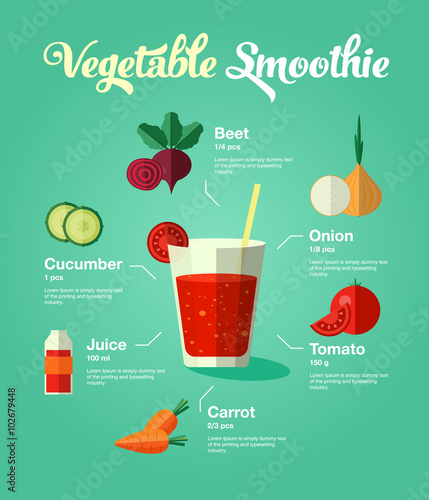 Healthy natural food vegetable smoothie in glass on green background. 
Infographic modern premium quality illustration of vegetables and juice ingredients. 