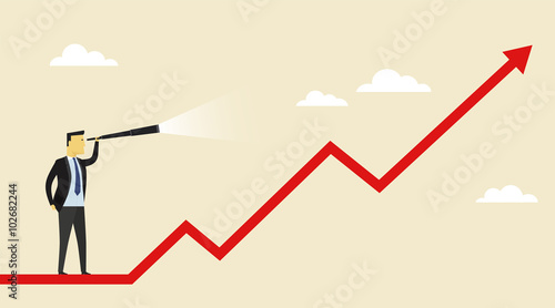 Search target. Man with telescope looks for possibilities and ad
