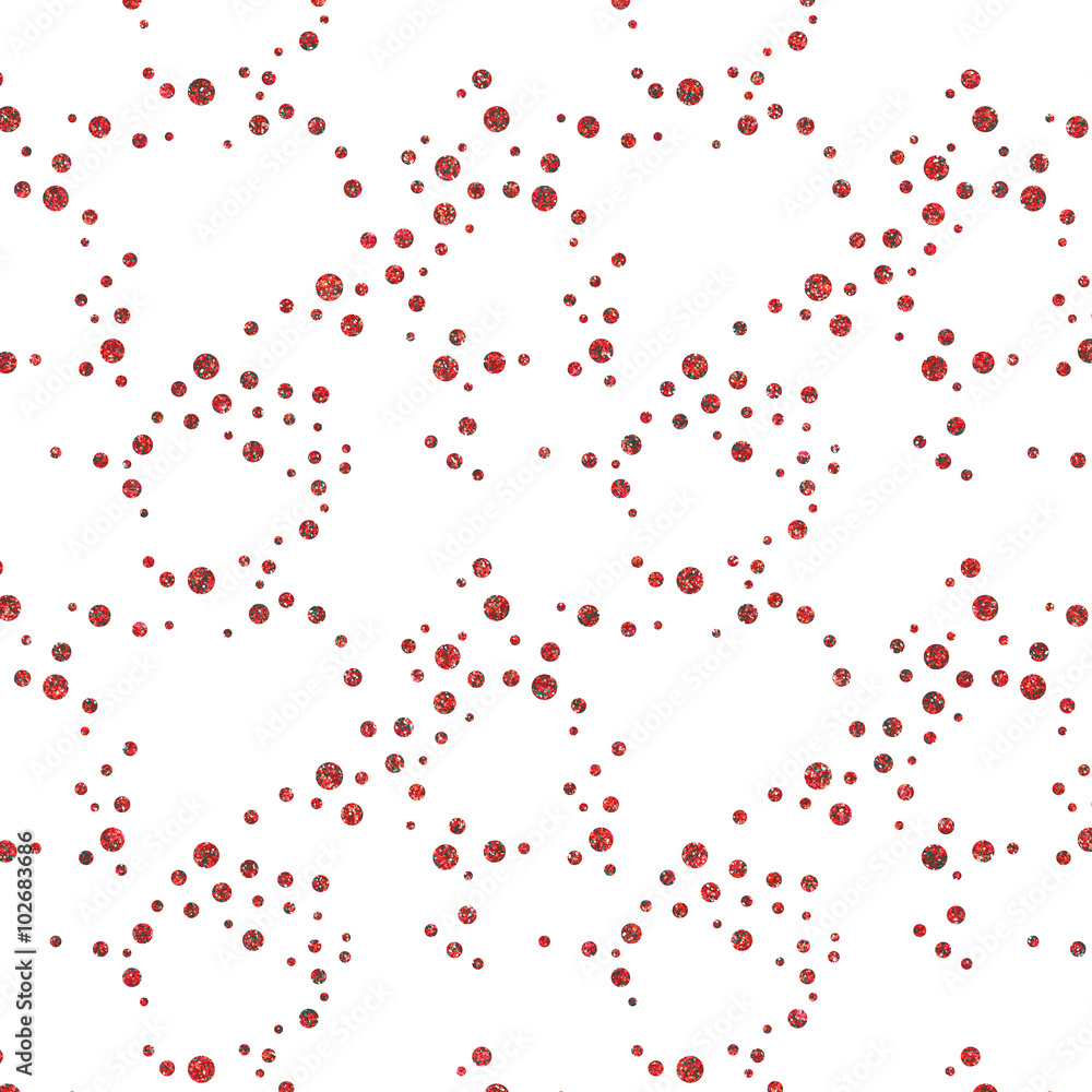 Pattern with red glitter textured circles confetti on white back