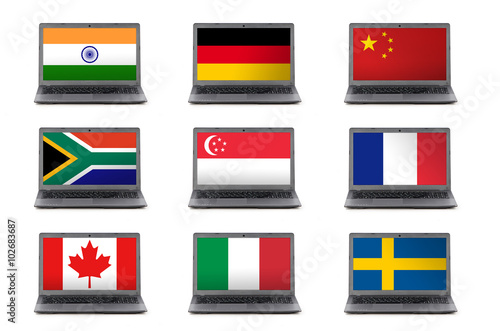 Many Laptops and flags