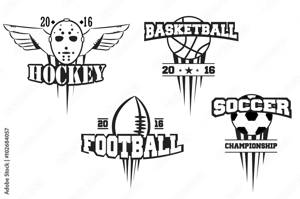 Sport logo set for four sport disciplines. hockey, basketball football, soccer vector emblems