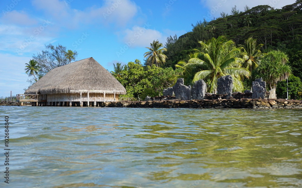 Marae and Fare Potee shore lake French Polynesia Marae and Fare Potee shore lake French Polynesia