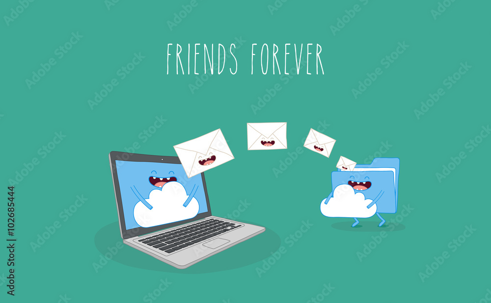 Cloud technology illustration. Downloading mail from the cloud folder. Vector cartoon. Friends forever. Comic characters. Cloud technology illustration. Downloading mail from the cloud folder. Vector cartoon. Friends forever. Comic characters.