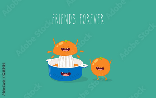 Funny blue juicer squeeze orange fruit. Orange and juicer a friend forever. Vector illustration