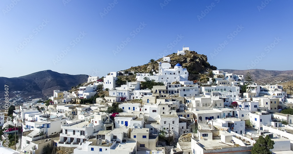 Aerial view of Chora town, Ios island, Cyclades, Aegean, Greece