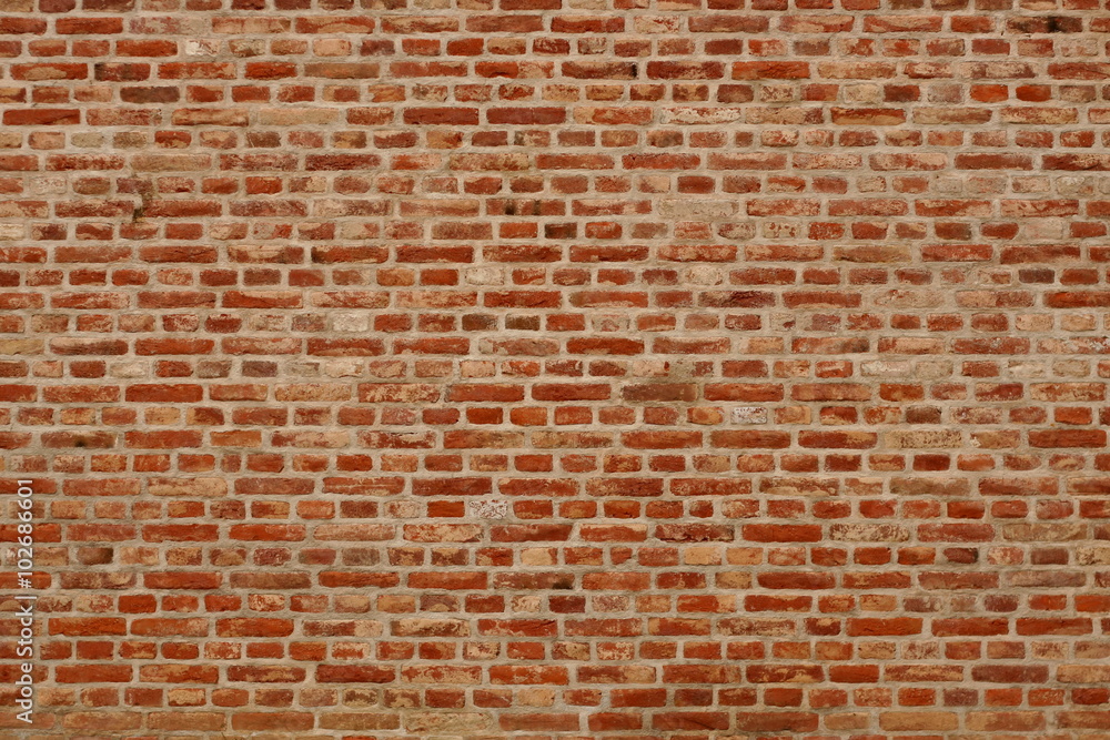 Fototapeta Brick wall horizontal background with red, orange and brown bricks