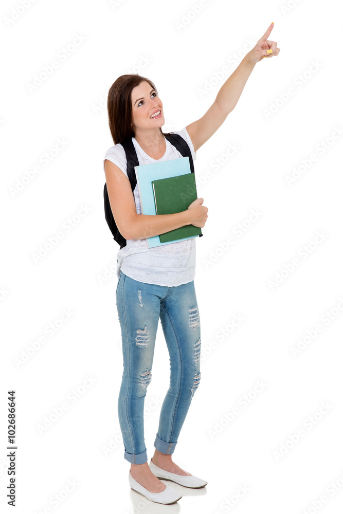 college student pointing empty space college student pointing empty space