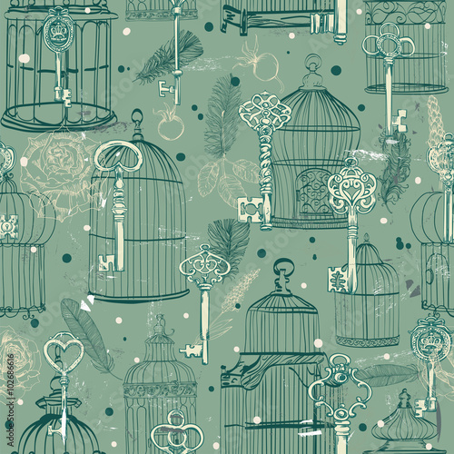 seamless pattern of various vintage keys and cages
