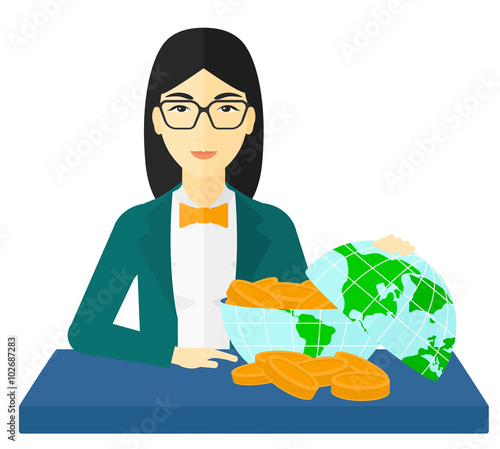 Woman with globe full of money.