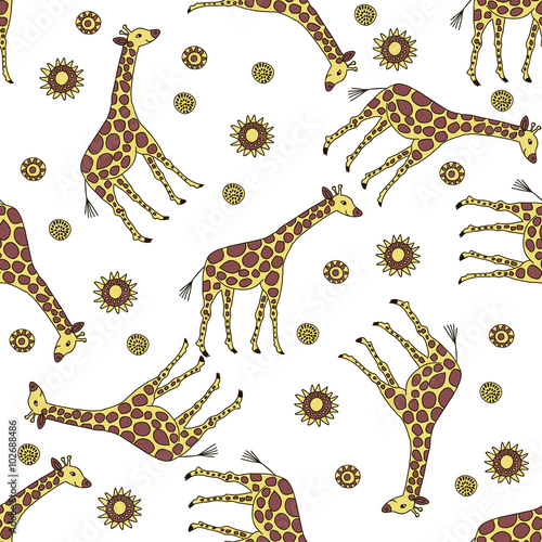 Seamless pattern with cute giraffes and sunflowers.