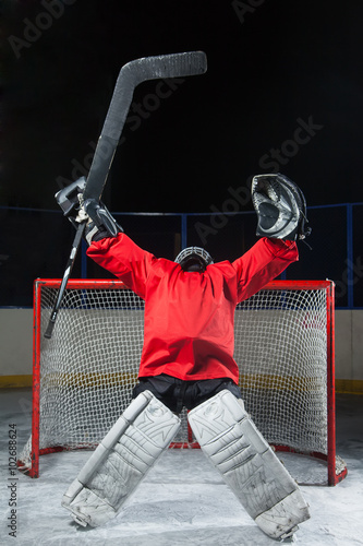 Goalie standing elated with arms raised up above his head