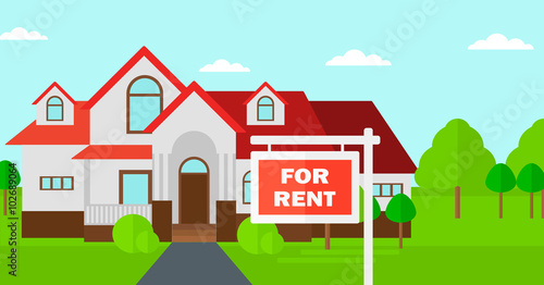 Background of house with for rent real estate sign.
